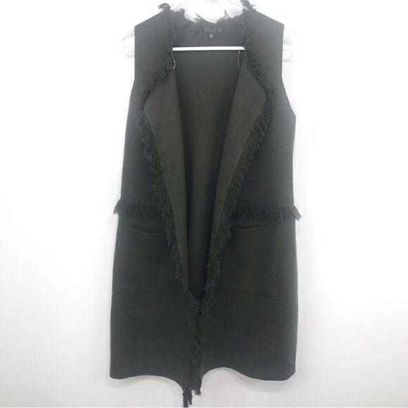 Sisters Olive Green Felted Knit Fringed Open Front Tunic Cardigan Vest - Picture 7 of 16